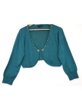 Eci New York Teal Beaded Chain Bling Embellished Crop Cardigan Large